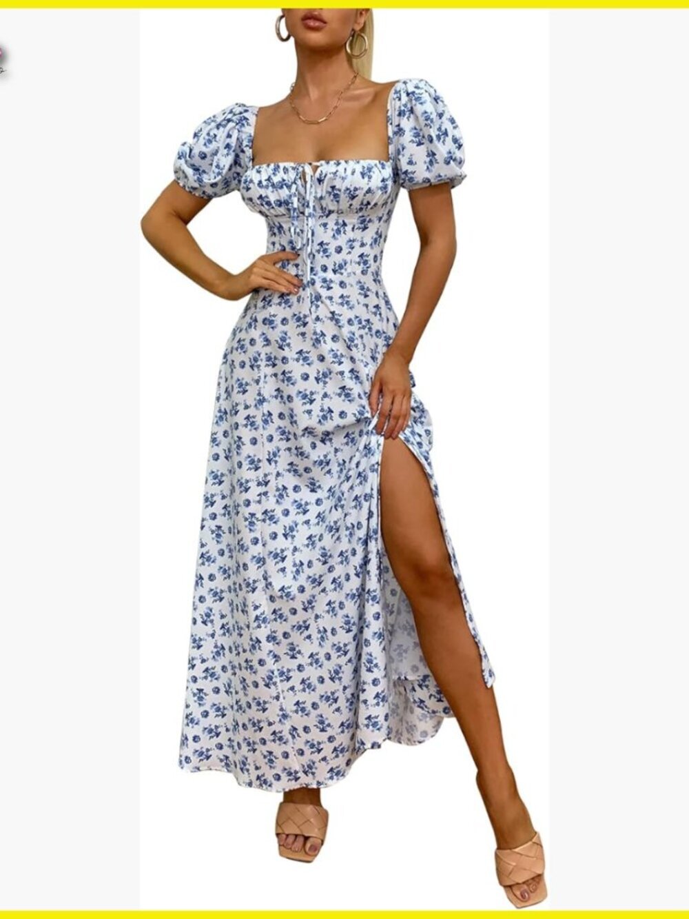 Puff Sleeve Floral Maxi Dress Backless High Slit A-Line Summer Elegant